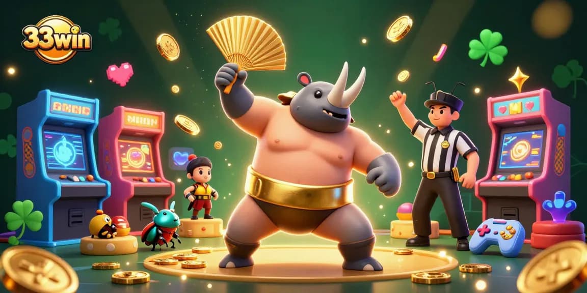 Engage in thrilling gaming scenes with 33win's vibrant characters and elements from arcade to gambling.