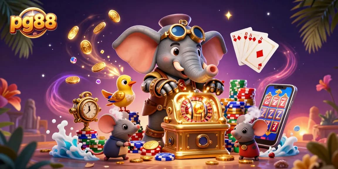 Experience thrilling gameplay at pg88 with a steampunk elephant operating a slot machine surrounded by riches.