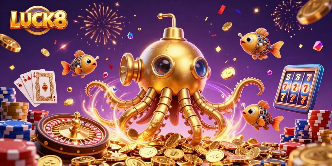 Experience LUCK8 and winnings with a vibrant casino scene of golden kraken submarine amidst a flurry of prizes.