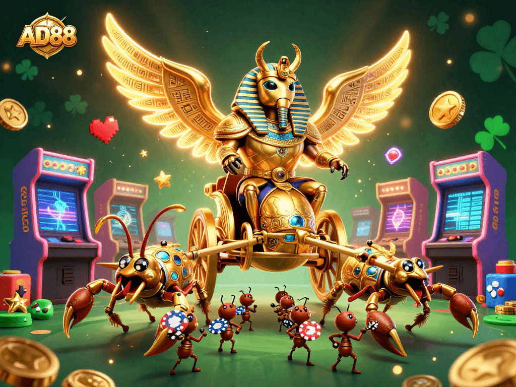 Engage in thrilling gameplay at AD88 with dynamic 3D casino elements featuring gaming machines and poker chips.