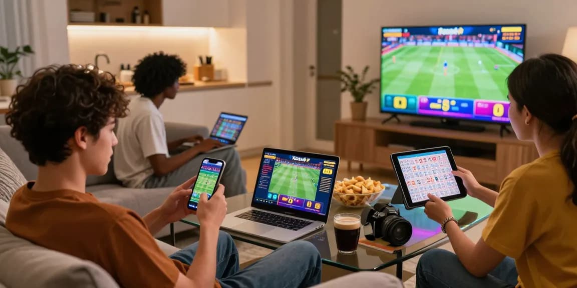 Users engaging with the Xoso66 betting platform through multiple devices, showcasing excitement and interaction.