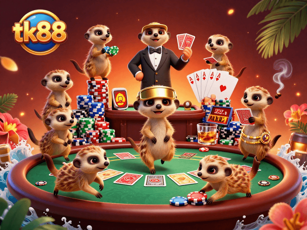 Engage with tk88 at a vibrant meerkat casino, featuring poker tables and colorful chips.