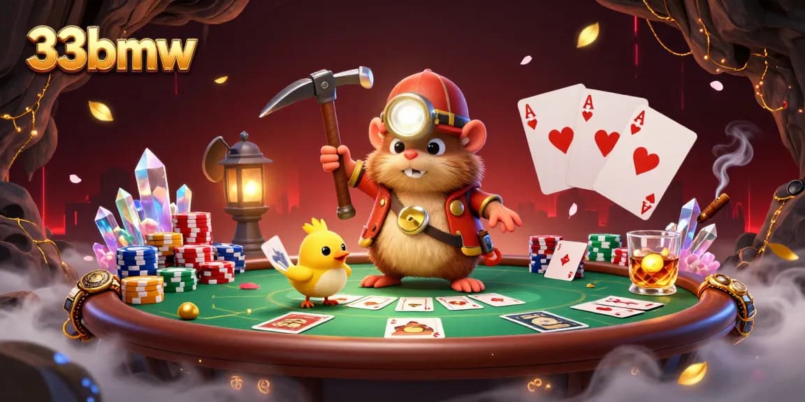 Experience thrilling gambling action at 33bmw with treasure hunter mole and poker elements in a vibrant scene.