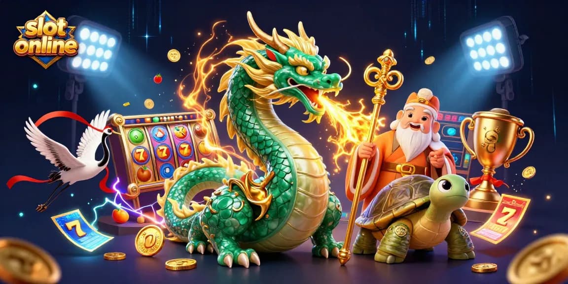 Slot online dengan karakter naga zamrud dan simbol keberuntungan dalam ilustrasi warna-warni yang dinamis.