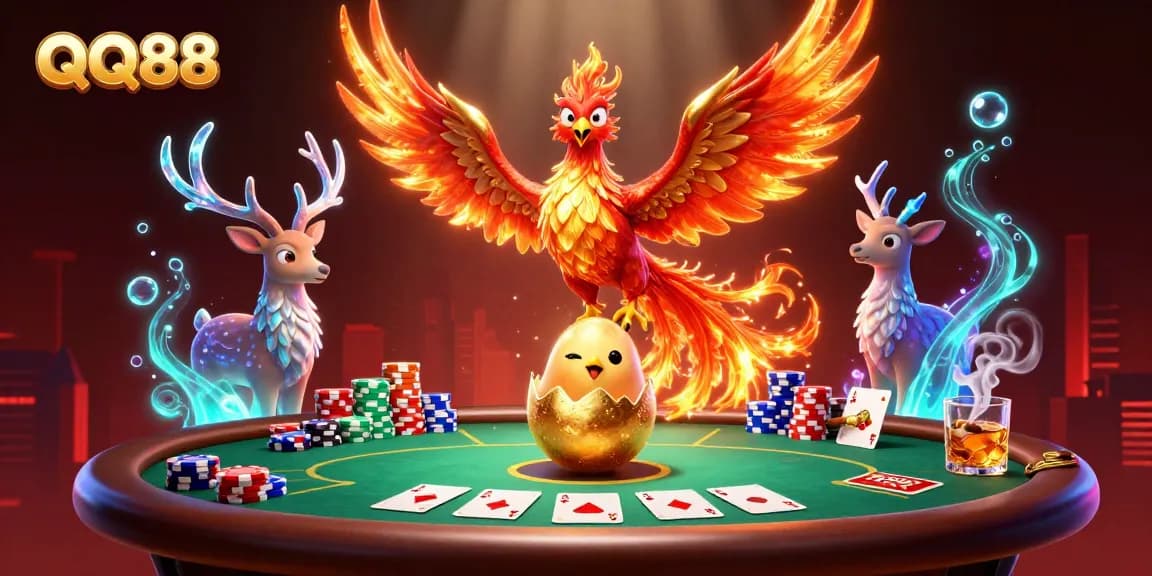 Experience thrilling QQ88 poker action with a fiery phoenix and mystical stag illustration.
