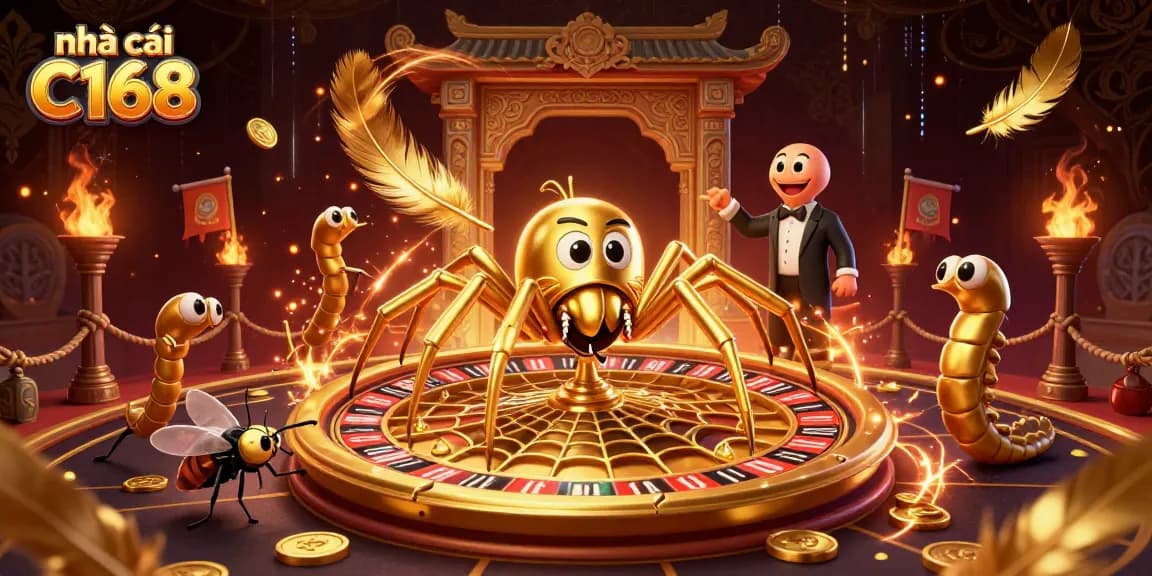 Engage with nhà cái C168 in this vibrant 3D casino scene featuring animated characters and dynamic game elements.