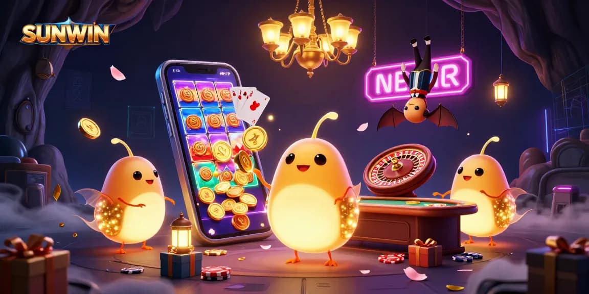 SUNWIN illuminates the casino with glowing glowworms and a bat dealer, showcasing vibrant slot action and gaming elements.