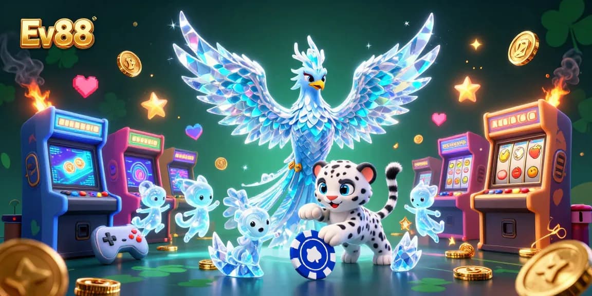 Engage with Ev88's dynamic casino action featuring colorful slot reels and playful ice-themed characters.