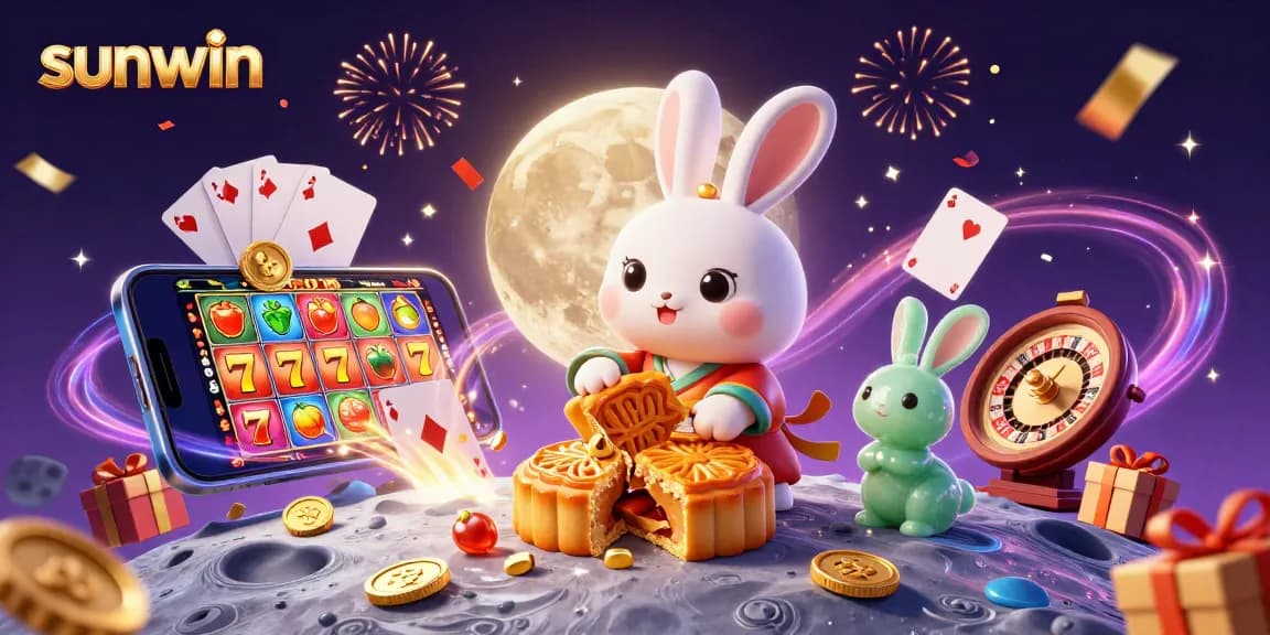 Experience sunwin's enchanting casino adventure with a moon rabbit, poker chips, and festive elements.