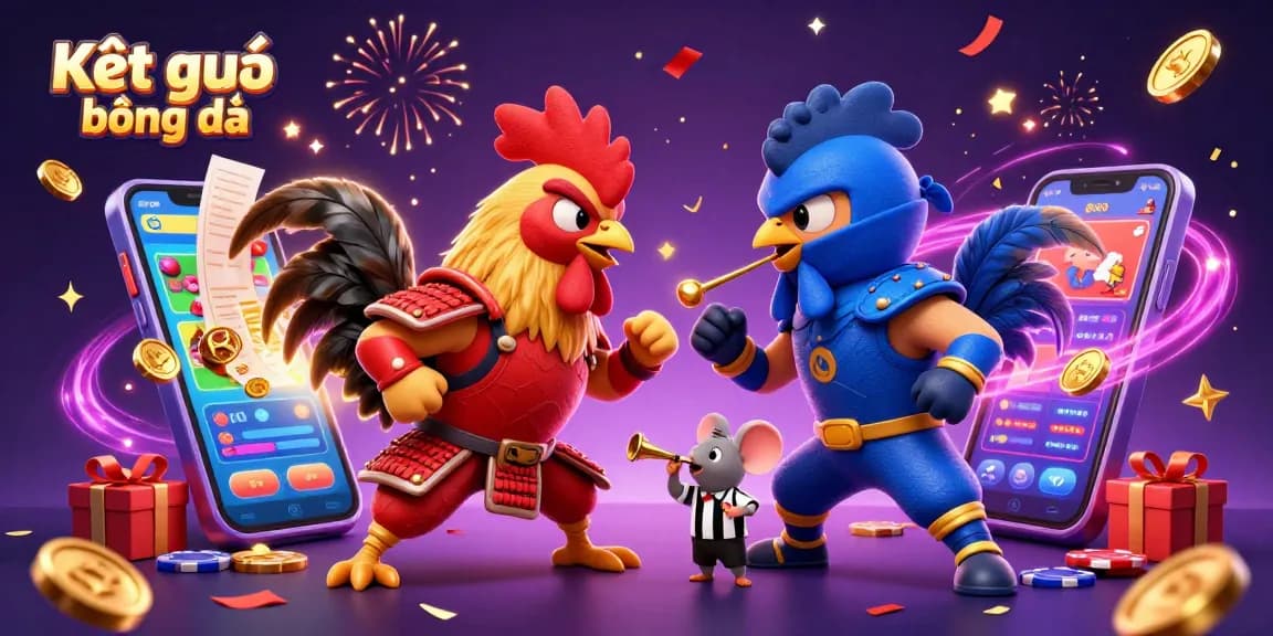 Experience Kết quả bóng đá through thrilling sports betting action with cartoon roosters and golden coins.