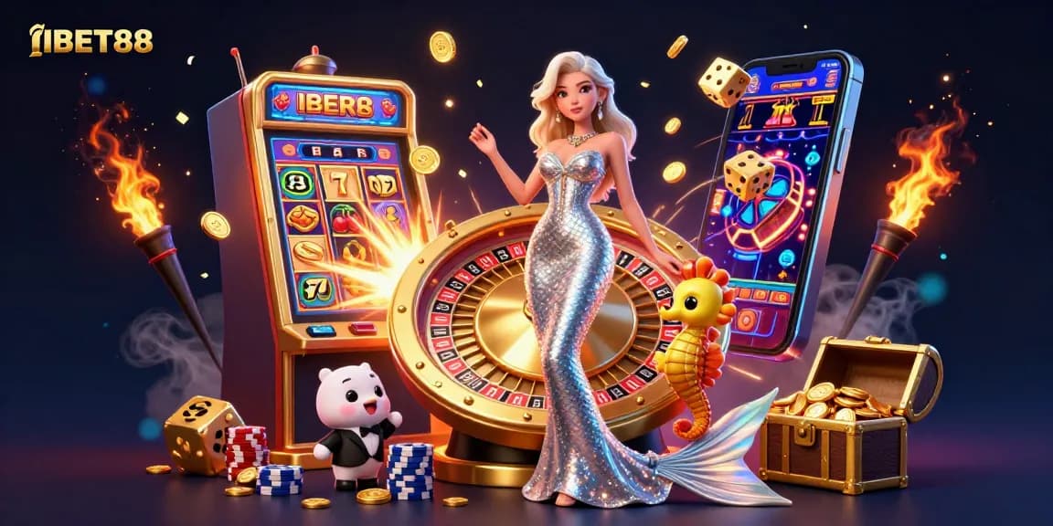 Experience the excitement of IBET88 with a vibrant 3D casino scene showcasing slot machines and roulette.