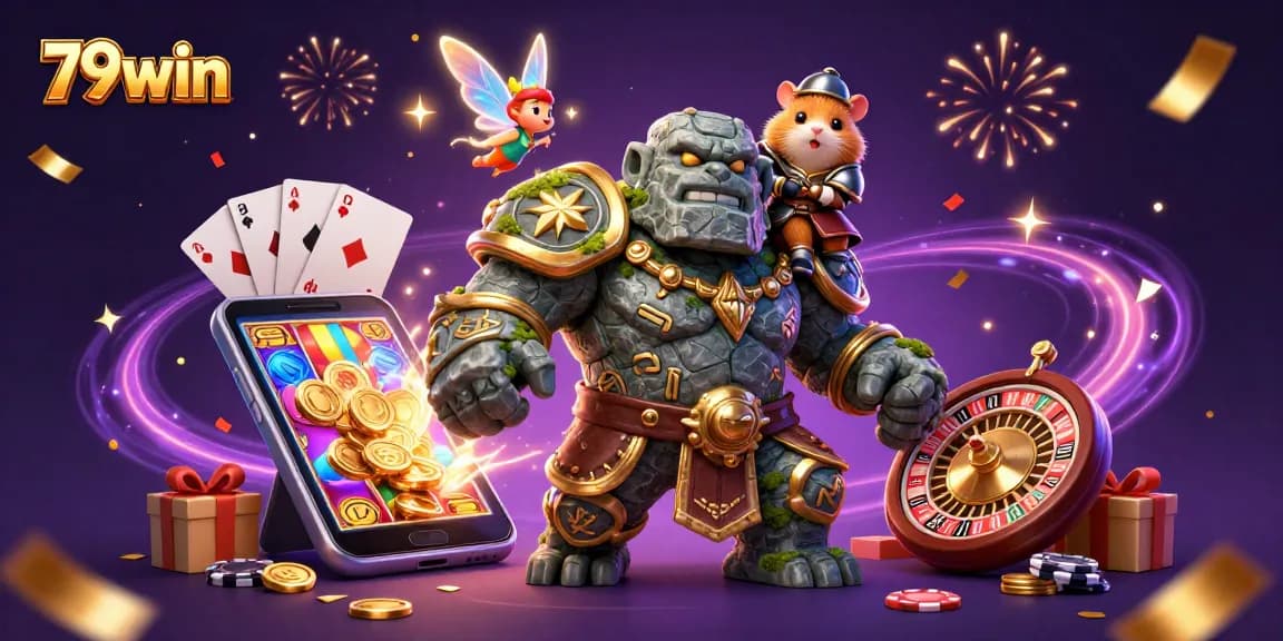 Experience thrilling gameplay with 79win's vibrant casino illustration showcasing slot games and magical characters.
