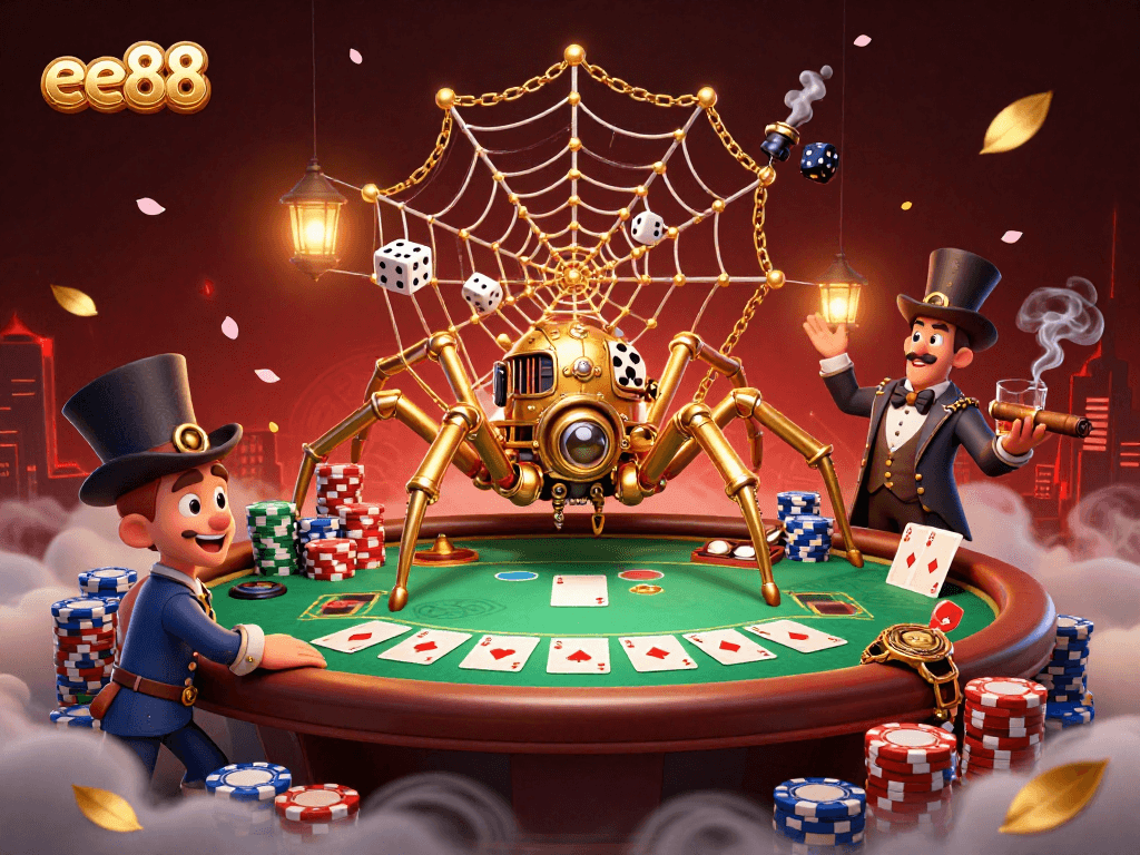 Experience the thrill of ee88 with a steampunk spider and poker elements in a vibrant casino scene.