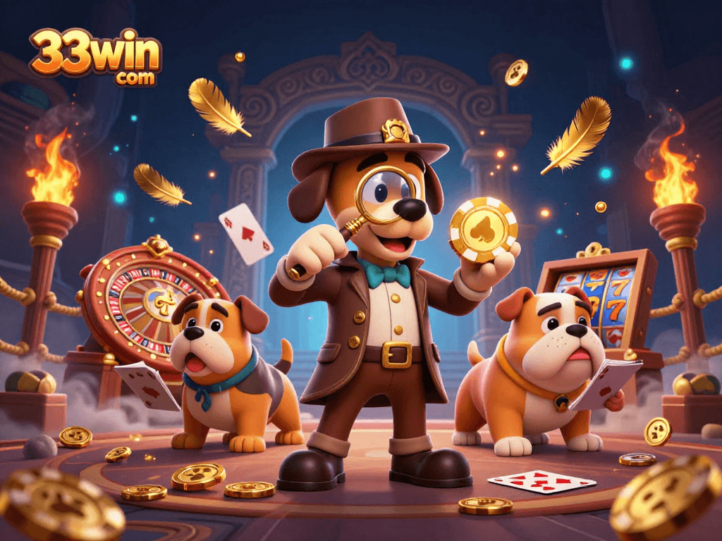 Engage with thrilling games at 33win com featuring a detective and bulldog in a vibrant casino scene.