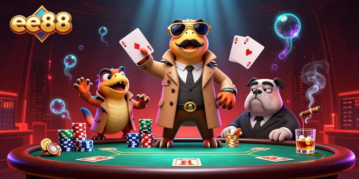 ee88 raptors in a trench coat sneak into a VIP casino lounge, showcasing poker chips and cards.