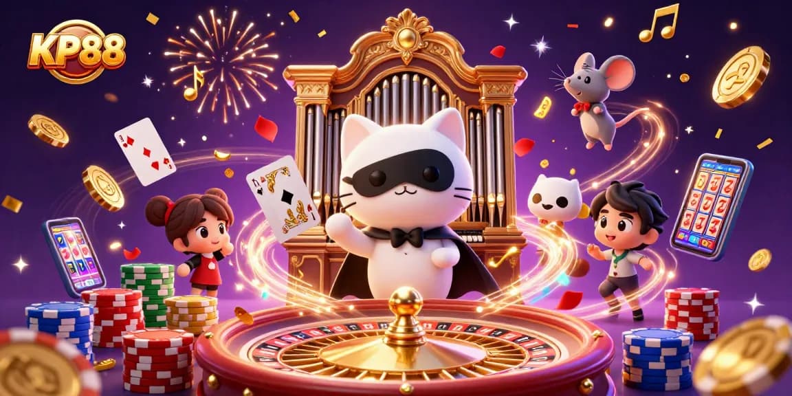 Experience thrilling gaming action at KP88 with a captivating casino scene featuring dynamic characters and vibrant game elements.