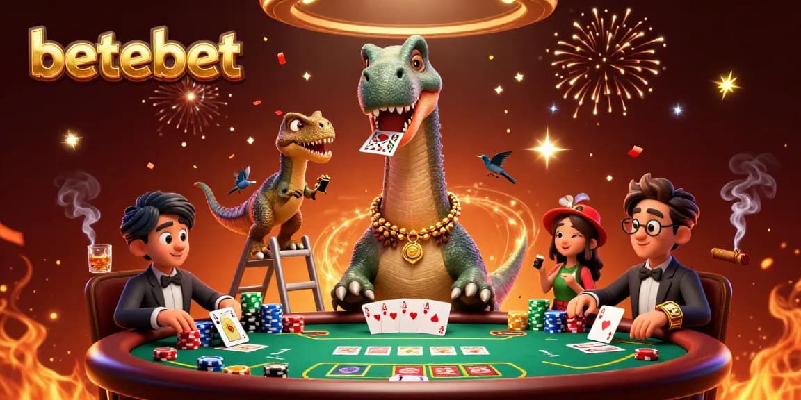 Experience thrilling poker action with betebet as a brontosaurus oversees the game while a clever dealer raptors deals cards.