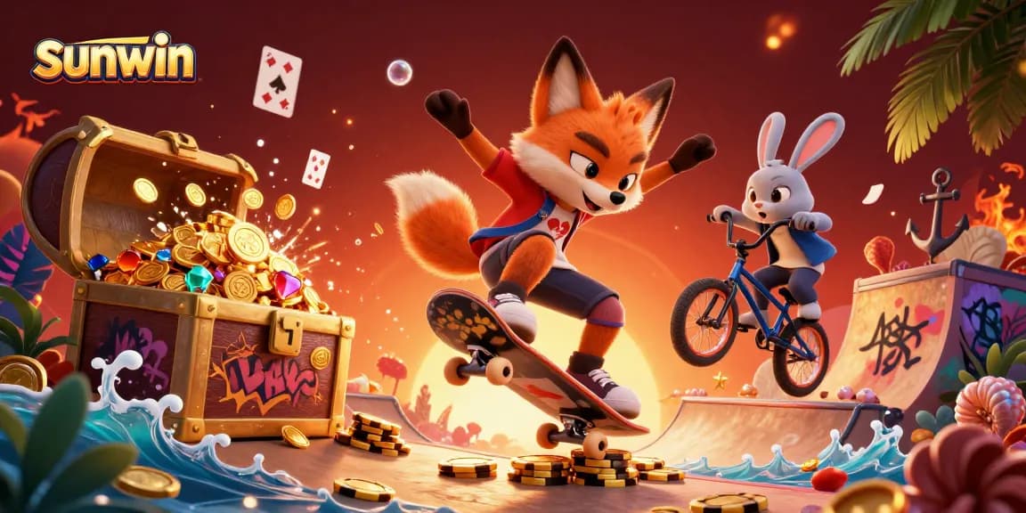 Engage with sunwin's rich casino adventure featuring a skateboarder fox and rabbit in vibrant 3D action.