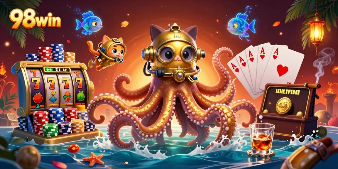 Experience thrilling moments at 98win with a colossal kraken amidst a treasure-laden ocean, complete with vibrant slot games.