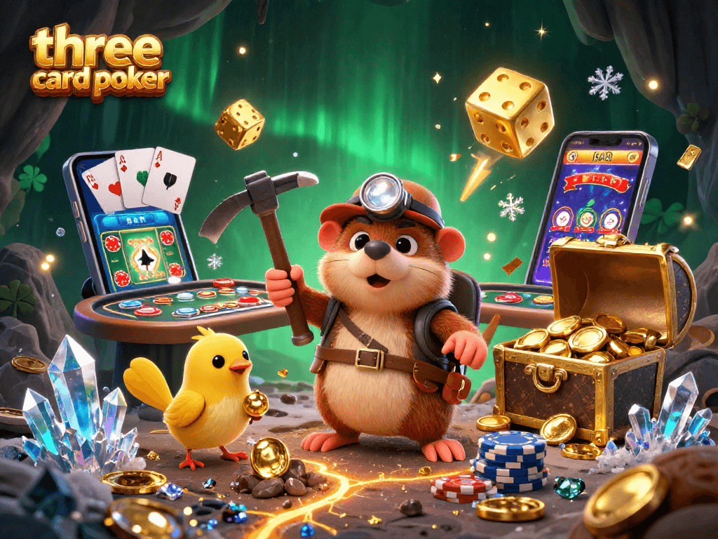 Experience thrilling three card poker action with a colorful casino scene bursting with excitement and treasures.