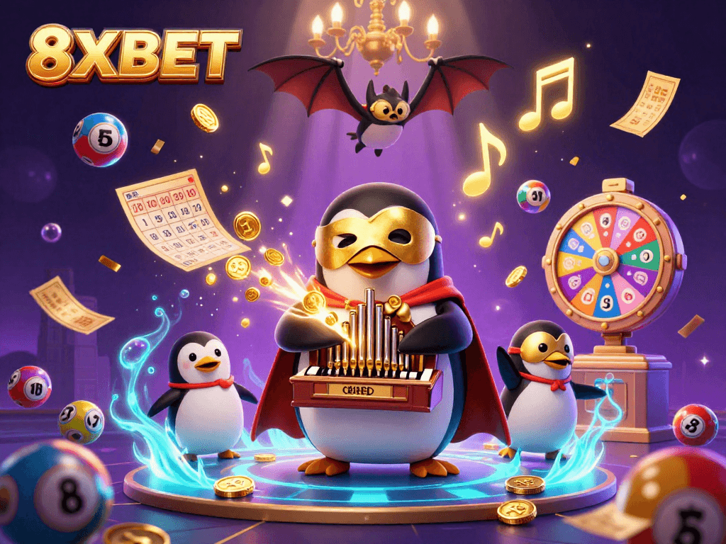 8XBET penguin plays music while golden coins rain down in a vibrant, dynamic casino scene.