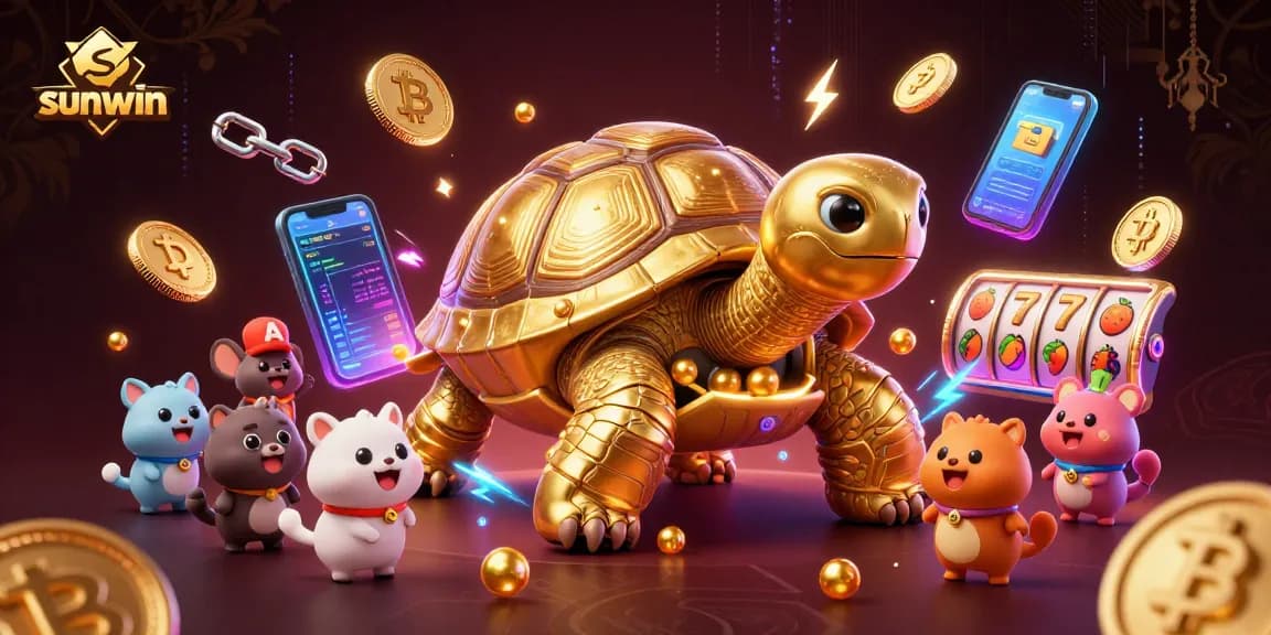 Experience the exciting sunwin gaming scene with vibrant slot reels and crypto elements.
