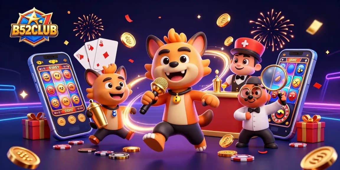 B52CLUB hyenas in a vibrant casino scene with golden coins and colorful slot games.