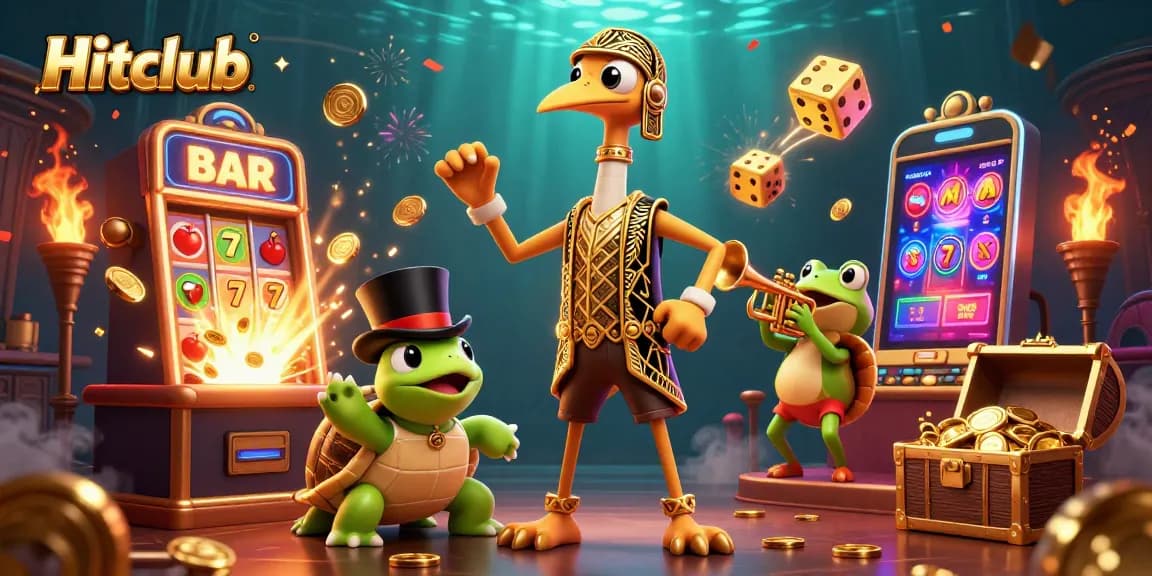 Hitclub players enjoying a vibrant 3D casino scene with slot machines and cheerful characters.