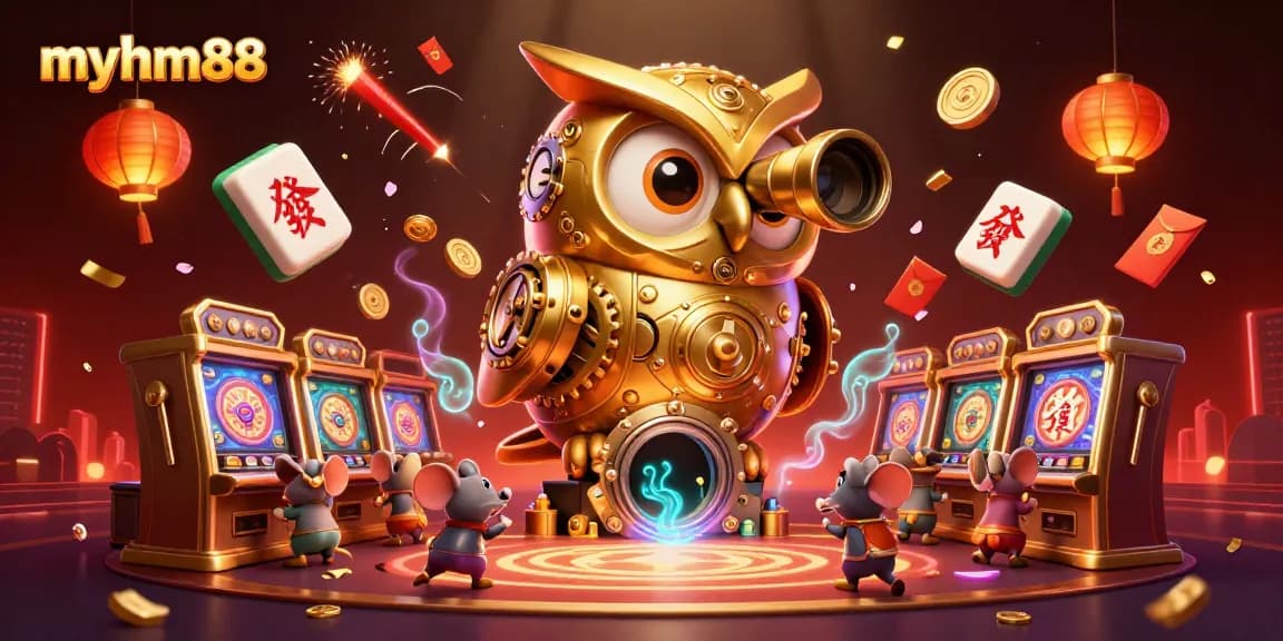 Experience myhm88's interactive gambling through a lively casino scene with whimsical characters and rich details.