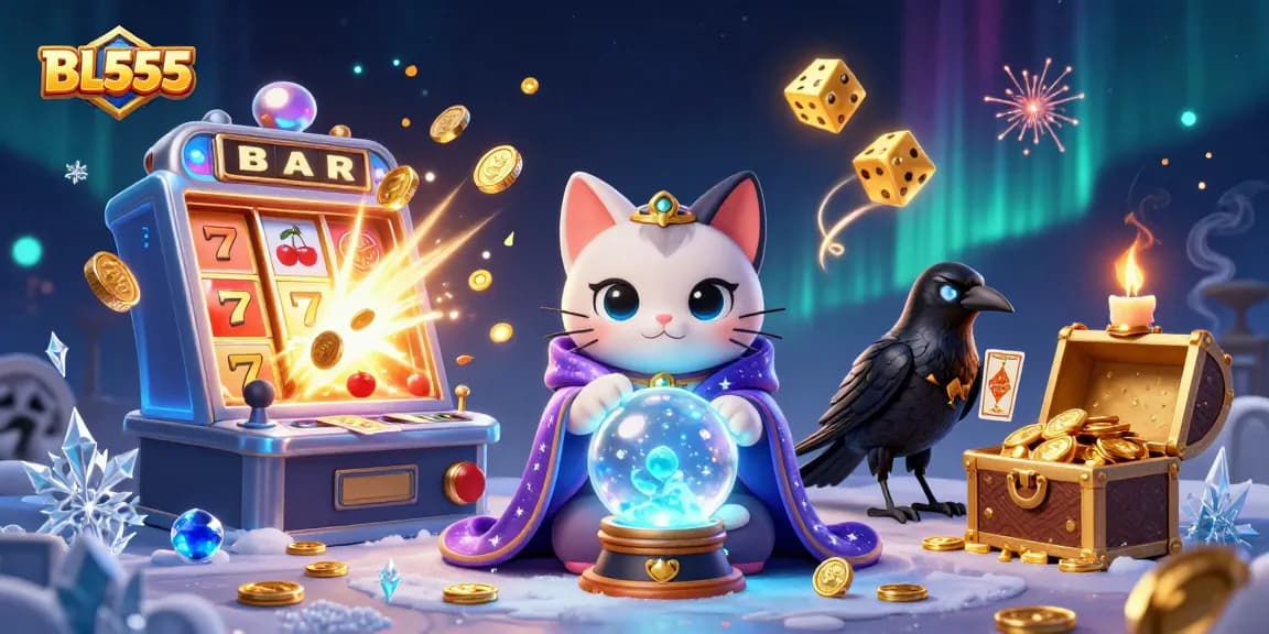 Win big at BL555 with a lively casino illustration showcasing vibrant game elements and characters.