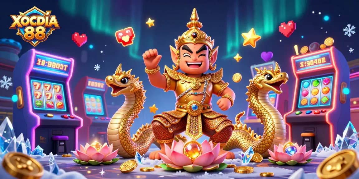 Experience thrilling gameplay at XOCDIA 88 with vibrant slot reels, friendly guardian, and dynamic casino elements.