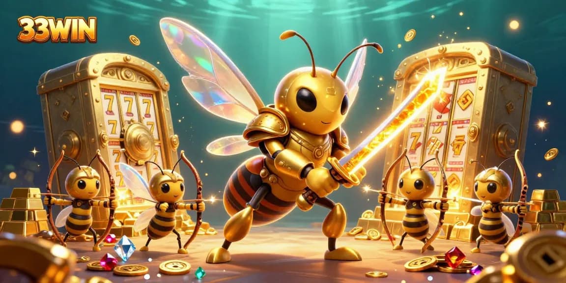 Engage with the vibrant world of 33WIN, featuring a golden hornet samurai in a dynamic gambling-themed illustration.