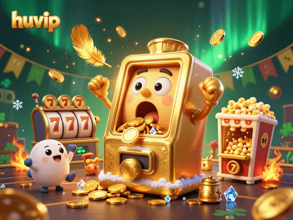 Win big with huvip's thrilling jackpot slot machine scene featuring coins spilling and cheering machines.