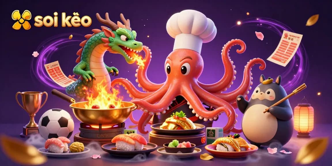 Soi kèo action with the octopus chef and dragon in a vibrant sports betting scene.