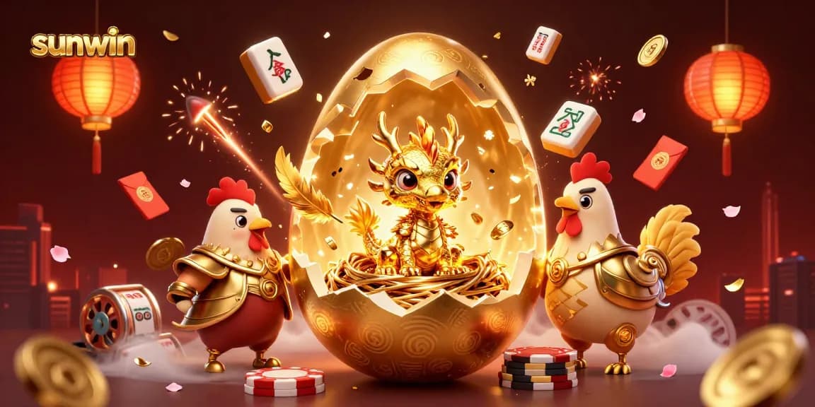 Join the sunwin adventure with a golden dragon, poker chips, and vibrant casino elements