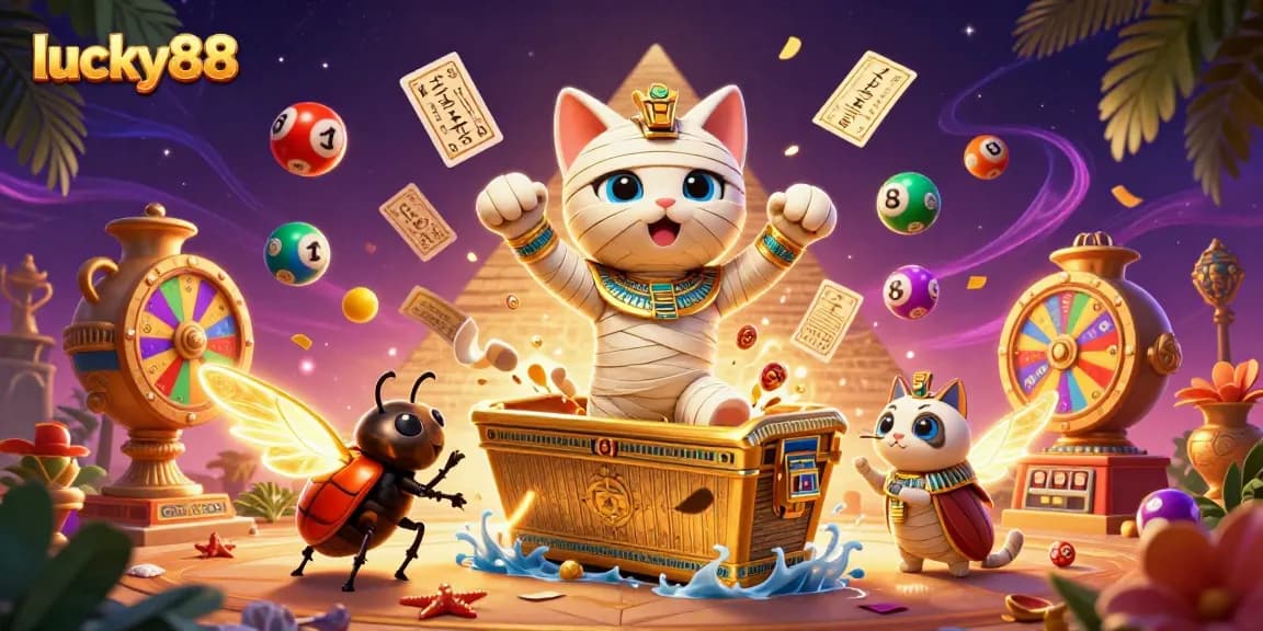 Experience lucky88's thrilling ambiance with a dynamic Egyptian mummy cat and glowing scarab beetle in an animated casino setting.