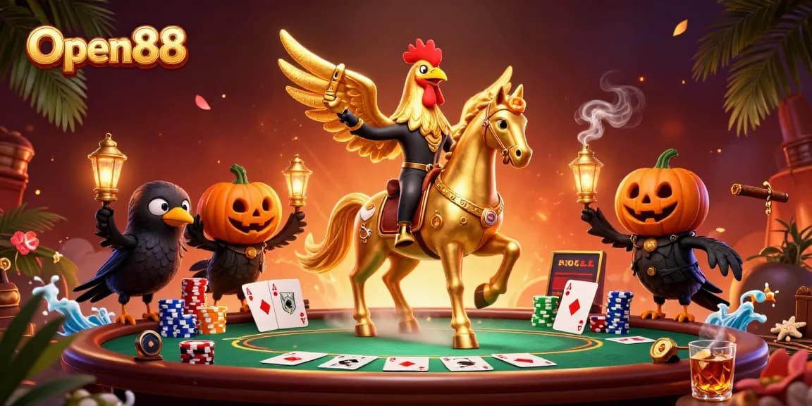 Open88 showcases a dynamic casino scene with a golden rooster and spectral horse amid poker elements.