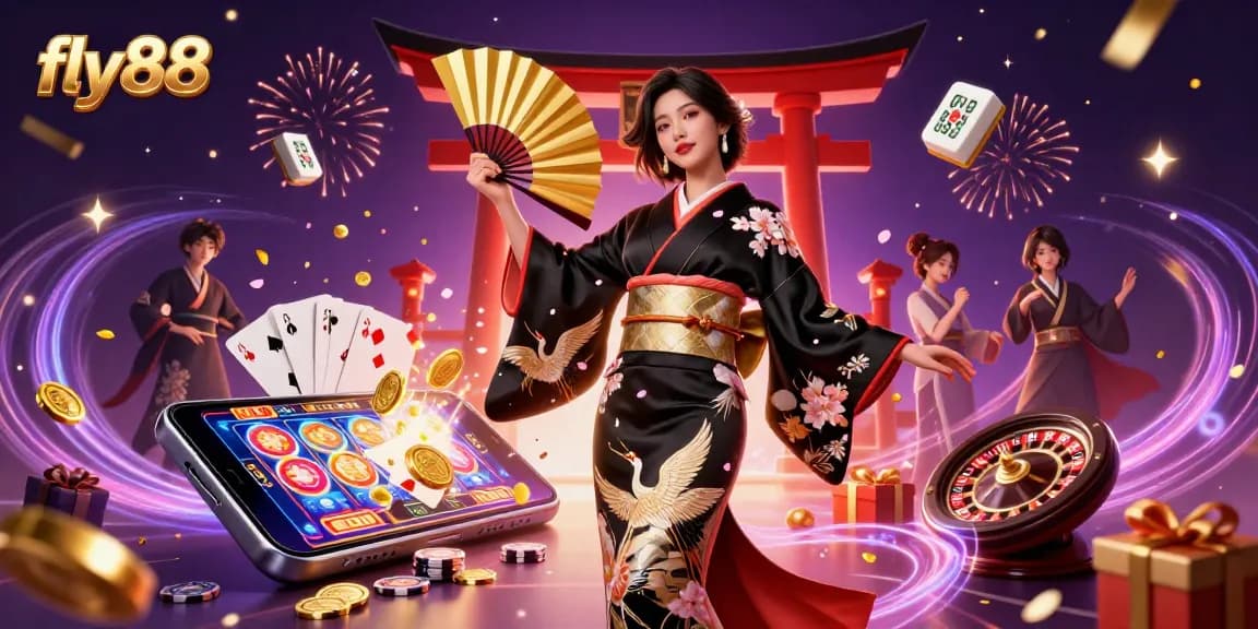 Experience exhilarating wins with fly88, featuring an elegant woman and dynamic gaming elements in a vibrant scene.