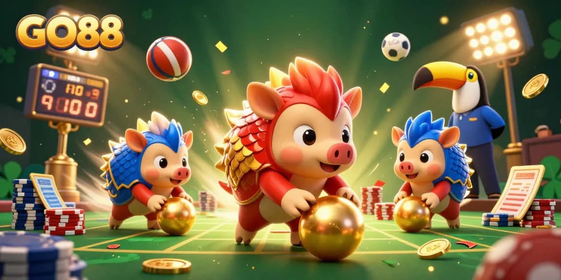 GO88 showcases an entertaining scene of rival pangolins engaging in a thrilling casino game filled with action elements.