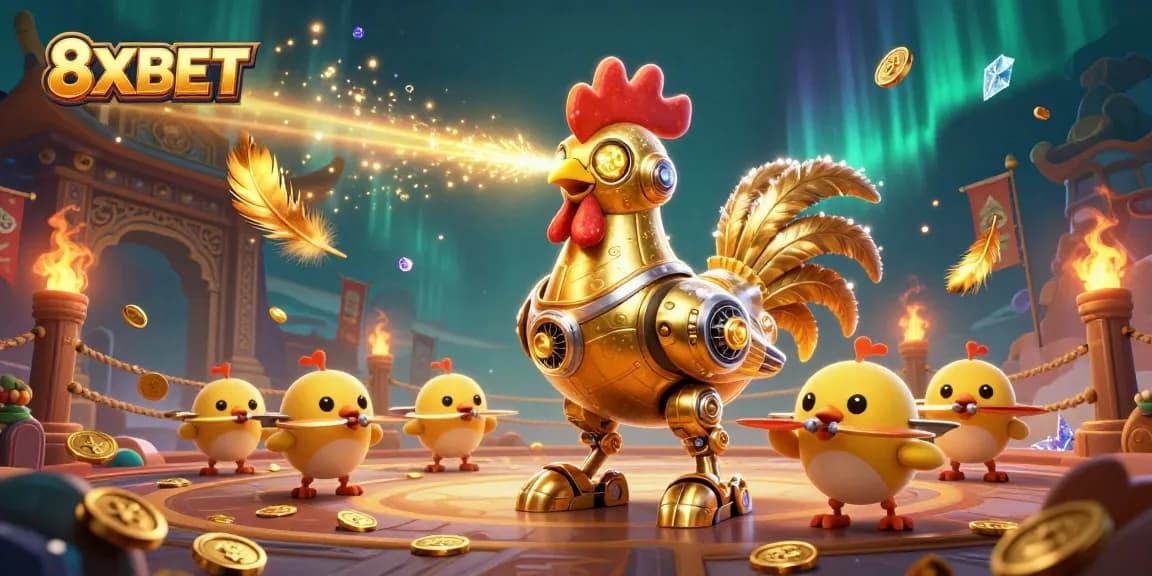 Experience vibrant gaming excitement with 8XBET's thrilling golden rooster robot and action-packed elements.