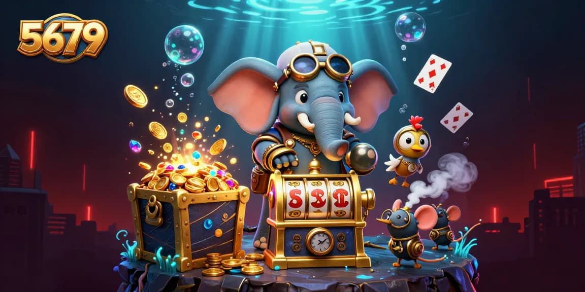 Spin the 5679 slot machine with a steampunk elephant in a vibrant, immersive casino scene.