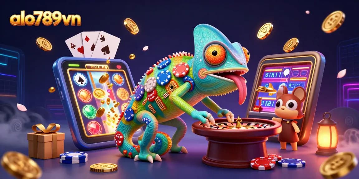 Engage with alo789vn's thrilling casino experience featuring chameleon owner and vibrant game elements.