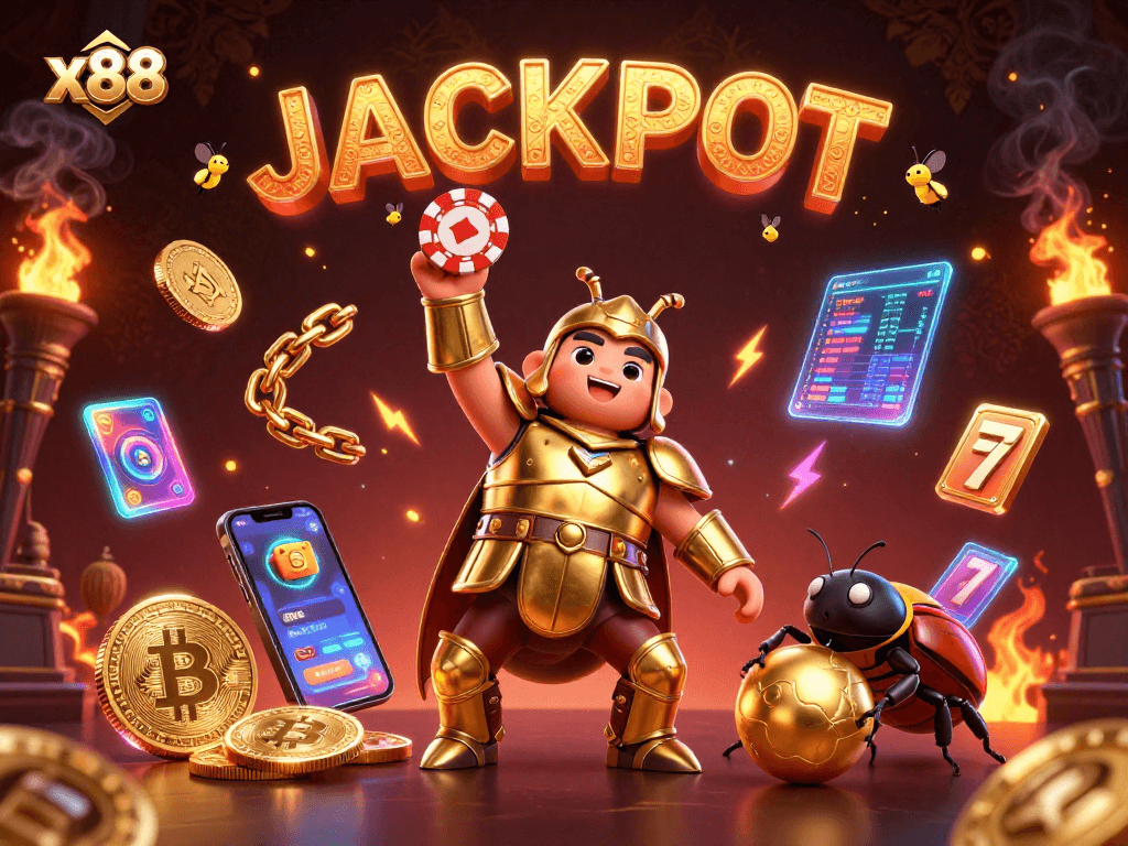 x88 elevates excitement with a heroic beetle and vibrant casino elements celebrating a jackpot.