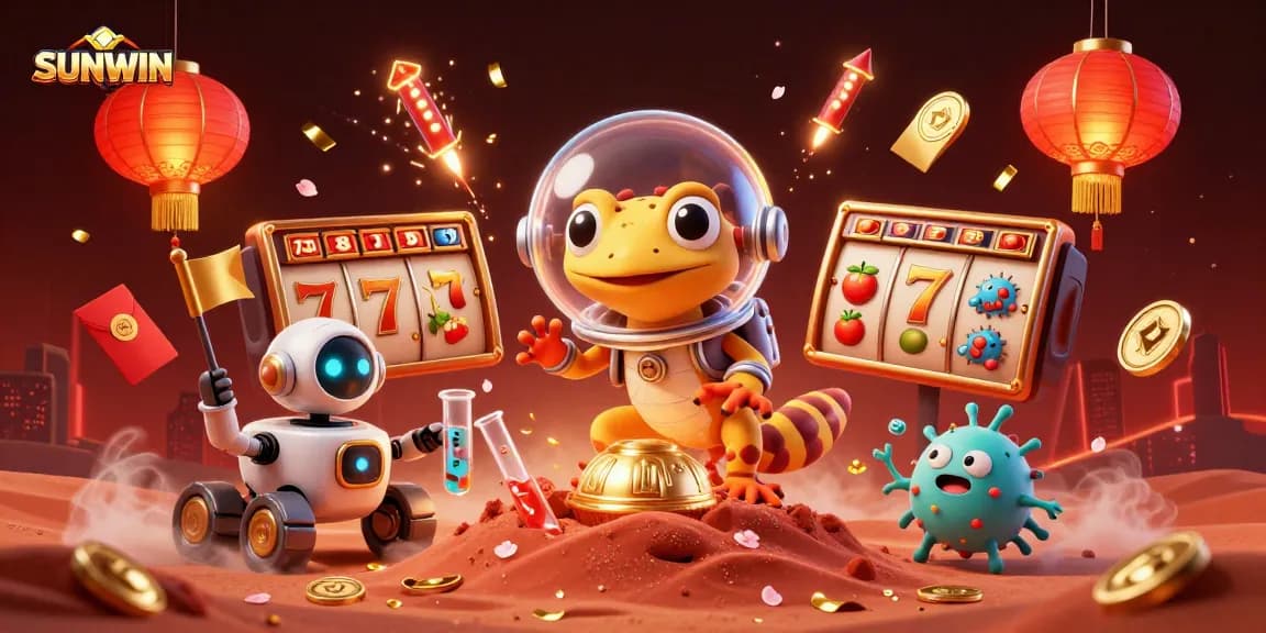 Experience top-tier entertainment at SUNWIN with a vibrant casino scene involving slot reels and dynamic characters.