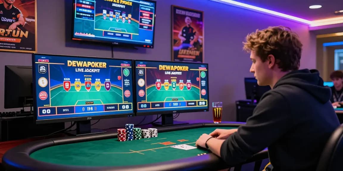 Dewapoker Live Jackpot in exciting online poker gaming scene with player focused on dual monitors displaying tournament updates.