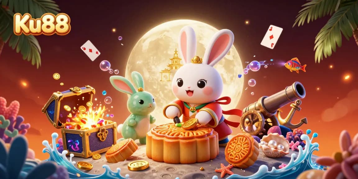 Win big with Ku88 in this captivating 3D illustration featuring a moon rabbit, poker chips, and underwater gems.