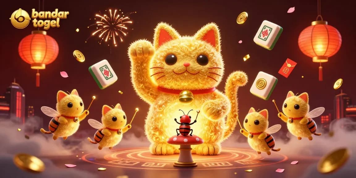 Engage with bandar togel featuring a giant lucky cat and vibrant casino symbols in a colorful 3D illustration.