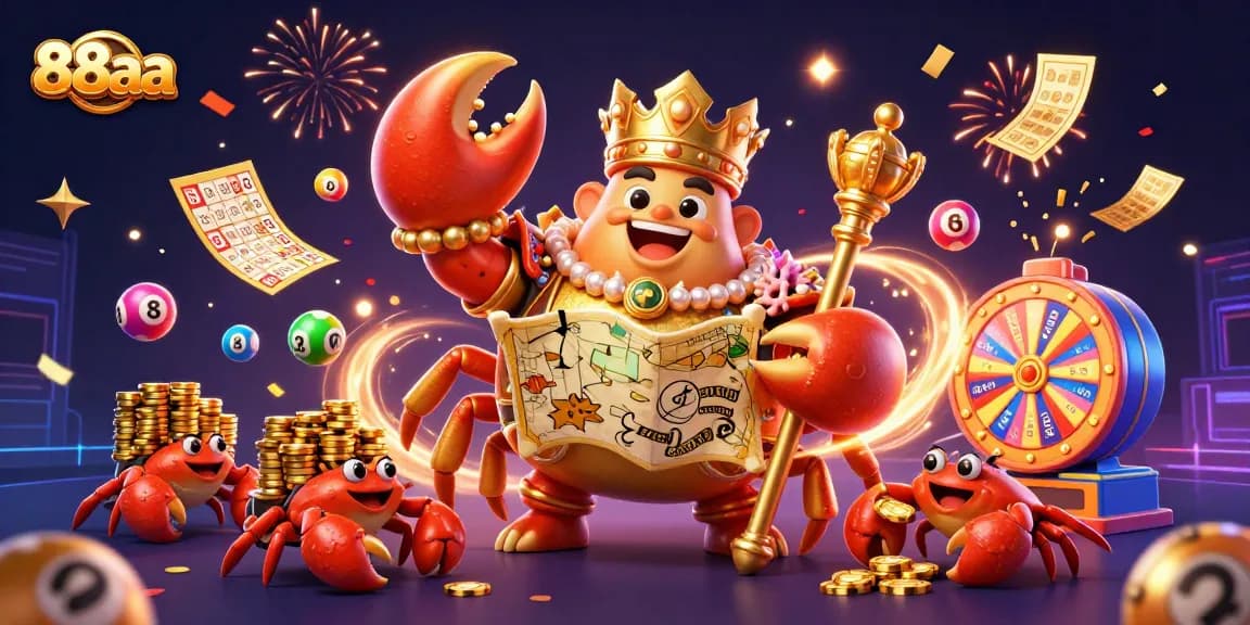 Engage in the excitement of 88aa with vibrant lottery elements and a golden crab emperor.