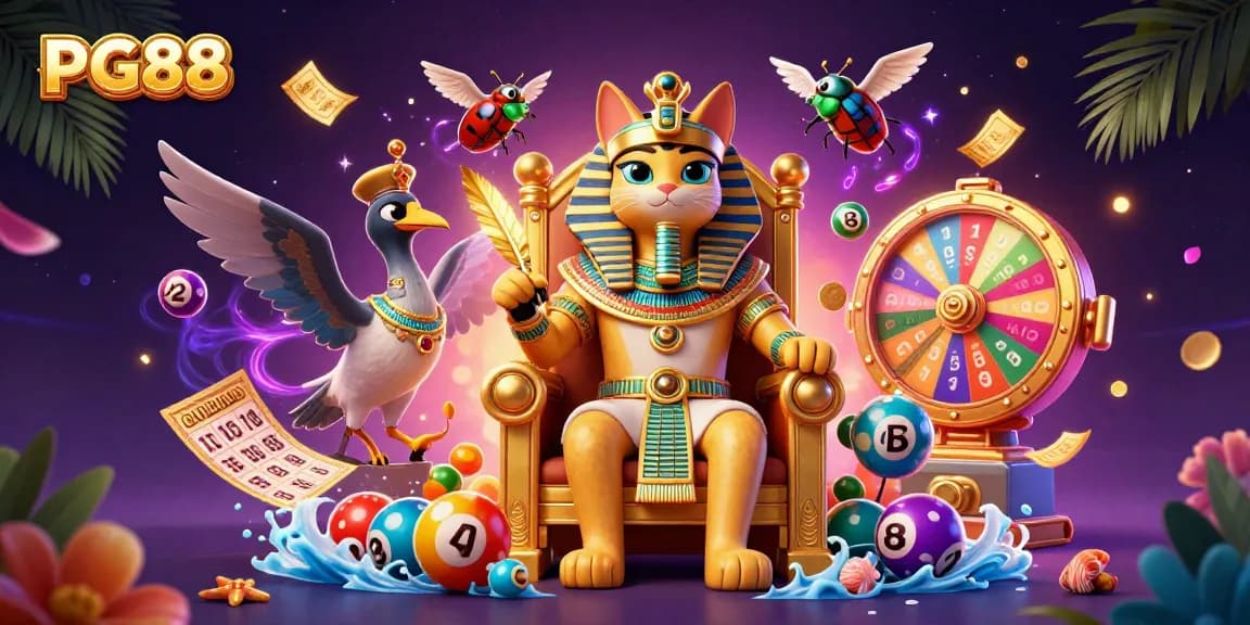 Engage with PG88's vibrant gaming universe featuring a pharaoh cat amidst dynamic lottery elements.