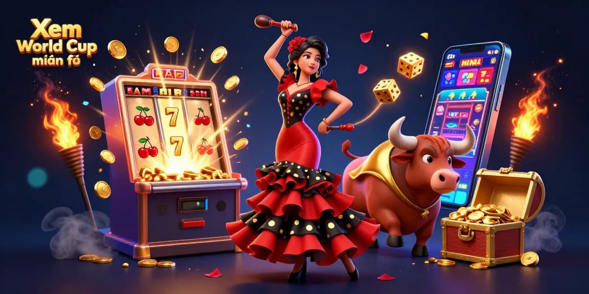 Xem World Cup miễn phí while enjoying captivating casino-themed content, featuring a dynamic Spanish flamenco dancer and a golden bull.